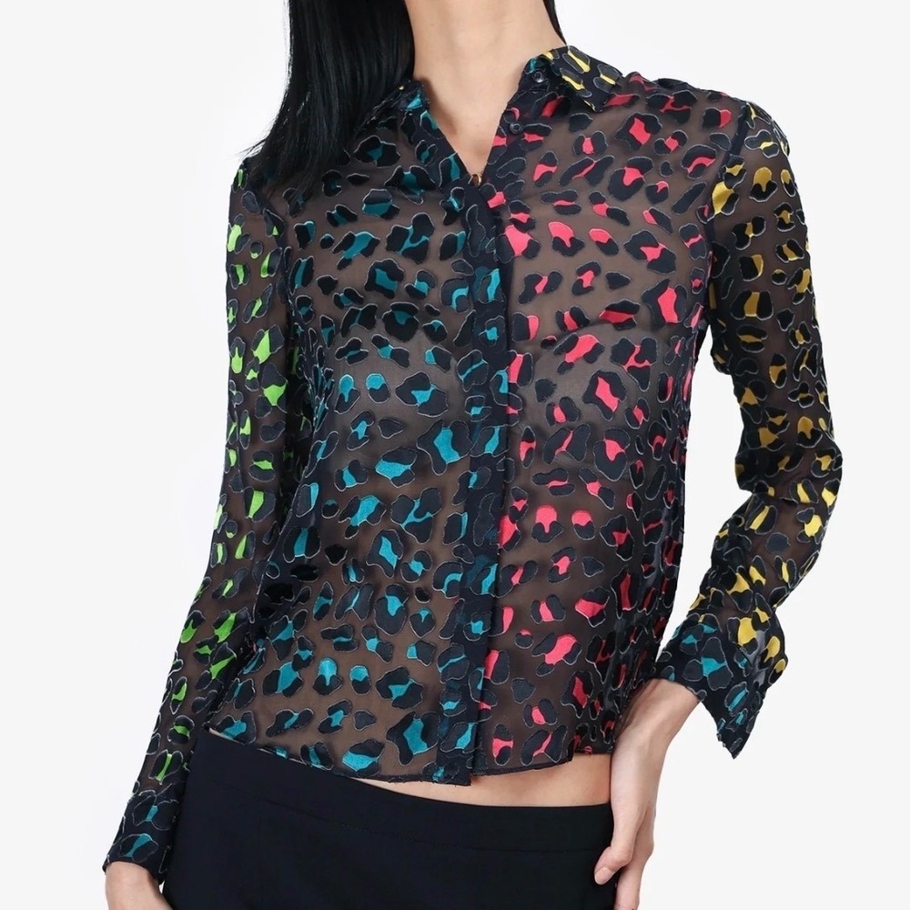 ALICE + OLIVIA S Willa Leopard Burnout Silk Blouse Multicolor Sheer